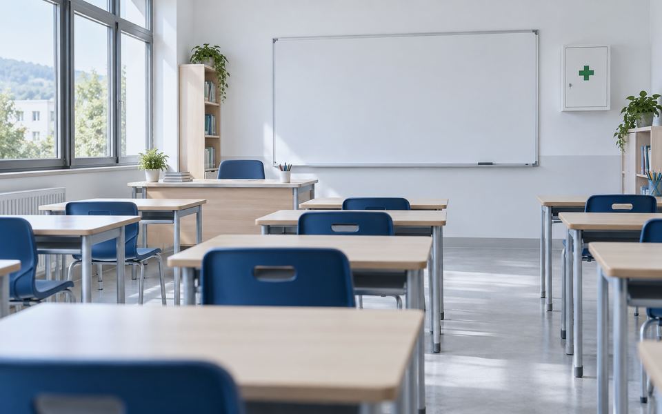 Aula scolastica con cassetta di primo soccorso